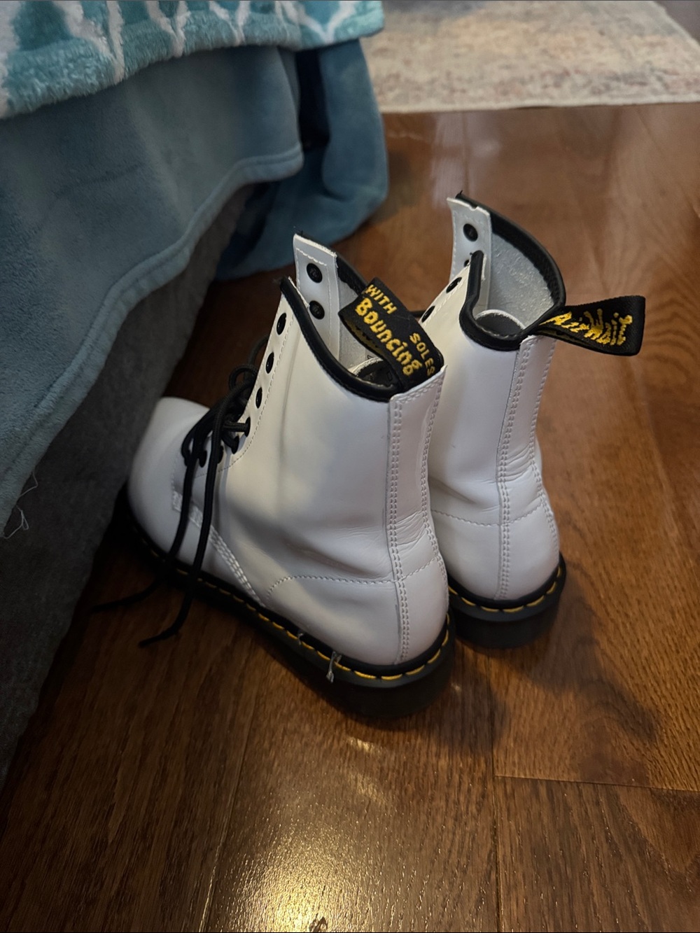 Dr. Martens White Patent Lace-Up Combat Boots with Yellow Stitching - Picture 2 of 2